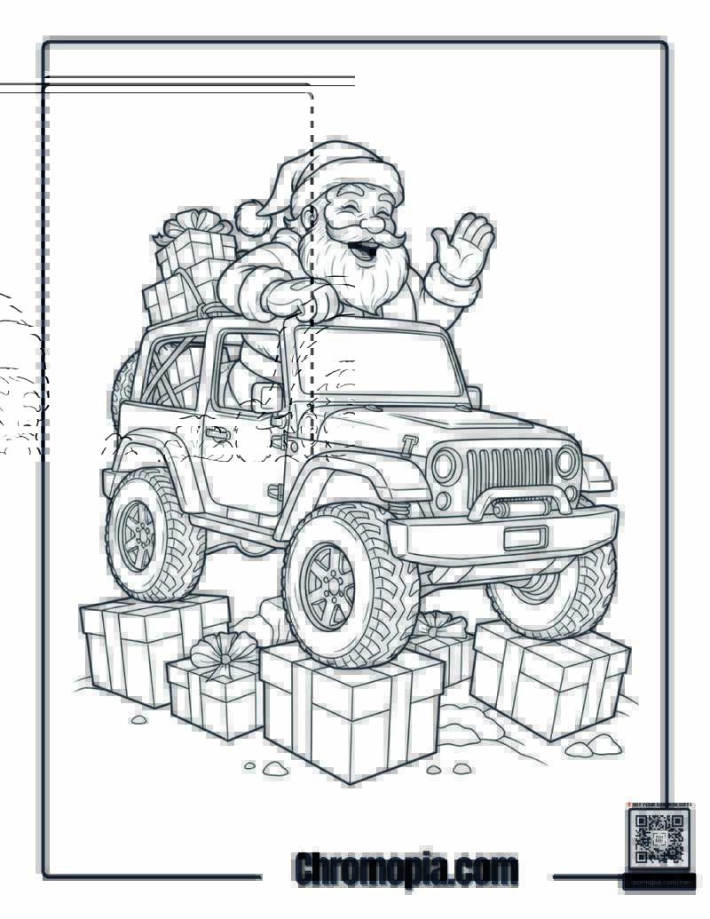 Santa in a Topless Jeep Off-Road Adventure Coloring Page
