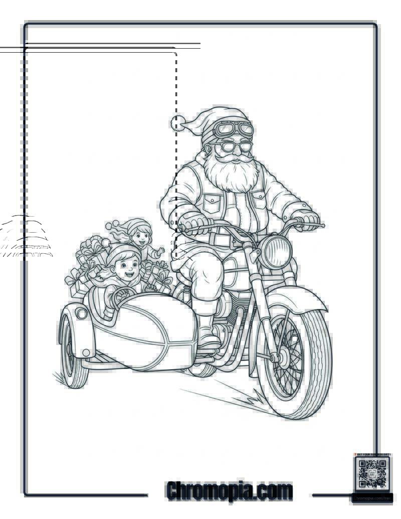 Santa on a Vintage Motorcycle with Sidecar Coloring Page