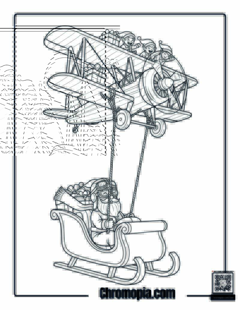 Santa’s Sleigh is being carried by Airplane Coloring Page