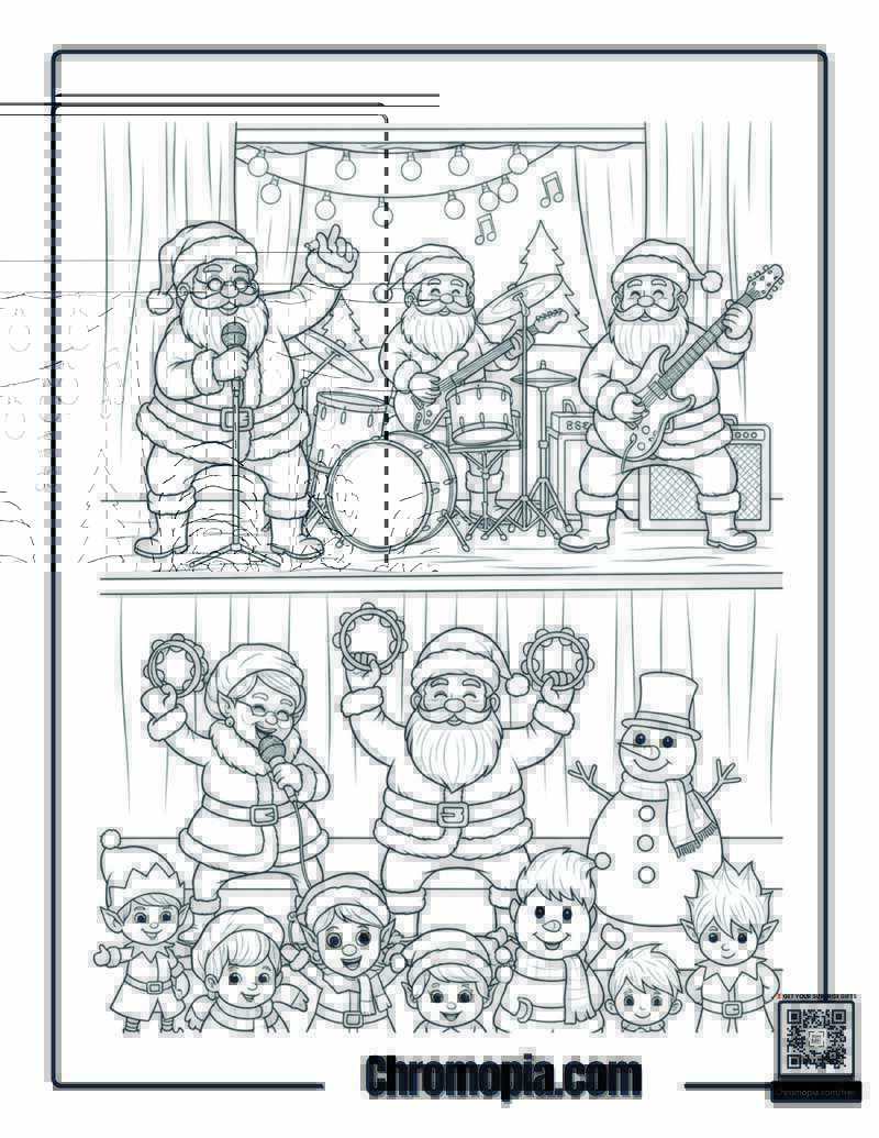 Santa Band Performing on Stage Coloring Page