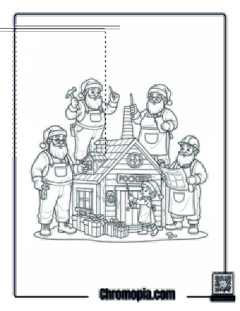 Santas Building a Toy Factory with elf Coloring Page