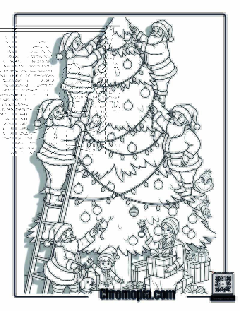 Santas Decorating a Giant Tree Coloring Page