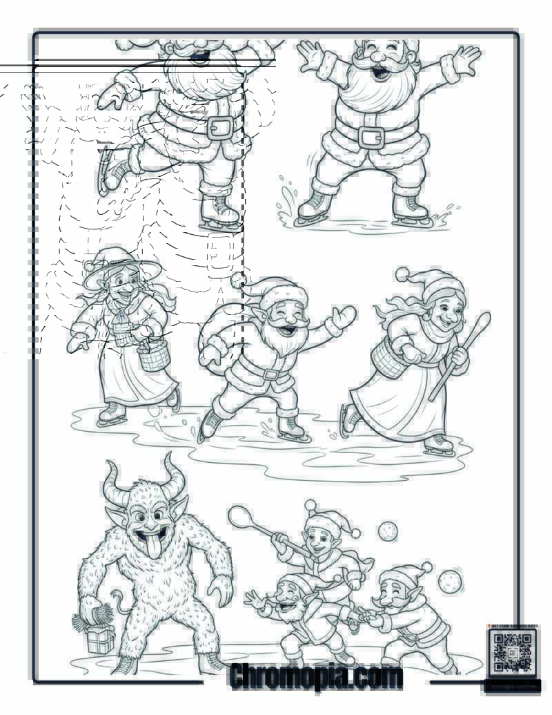 Santas Ice Skating in Funny Poses Coloring Page