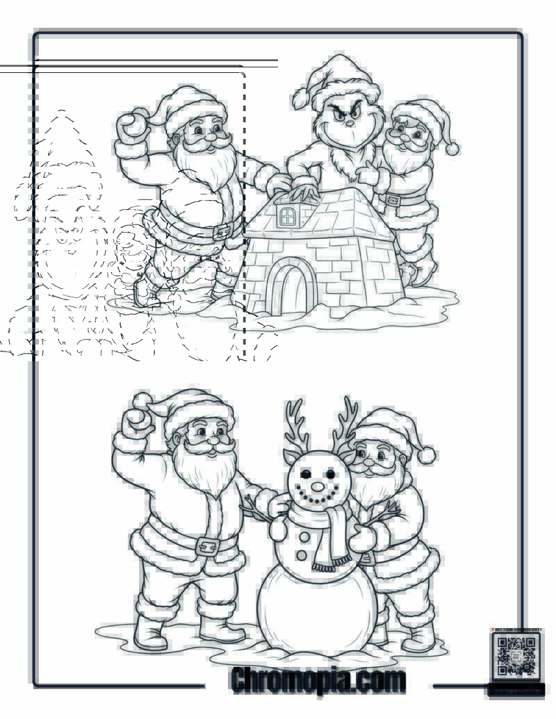 Santas Playing in the Snow with grinch Coloring Page