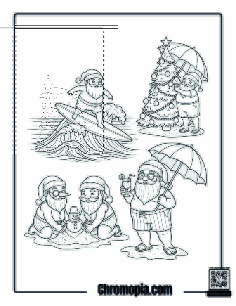 Santas at the Beach Coloring Page