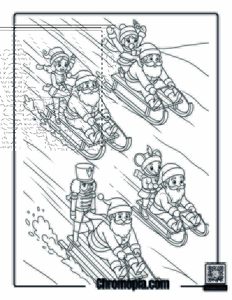 Santas in a Sled Race Coloring Page