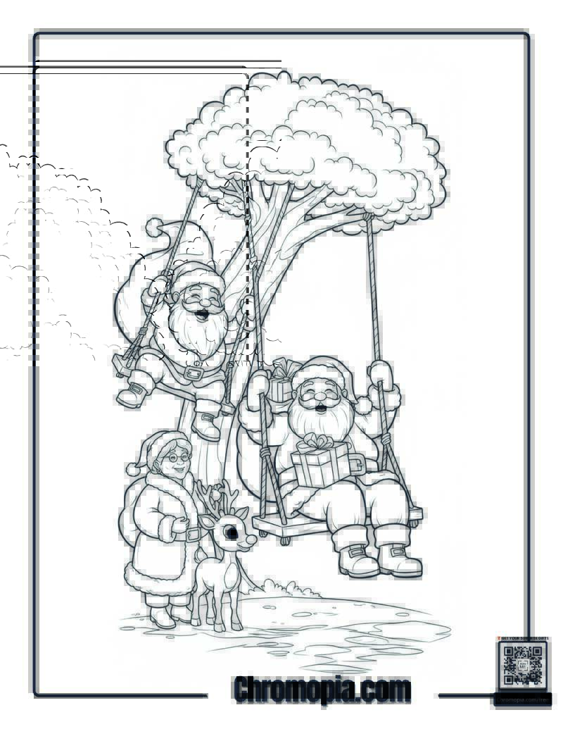 Santas on a Magical Tree Swing with Mrs. Claus Coloring Page