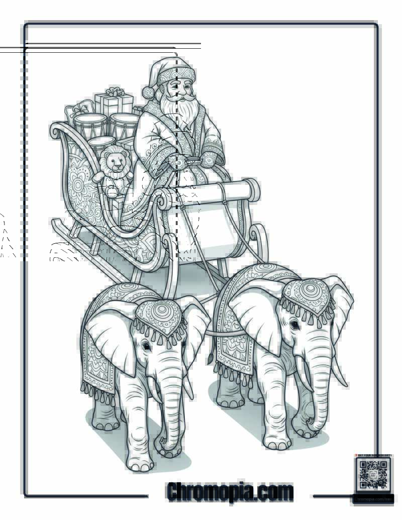 Mandala Santa Riding Sleigh Pulled by Elephants Coloring Page