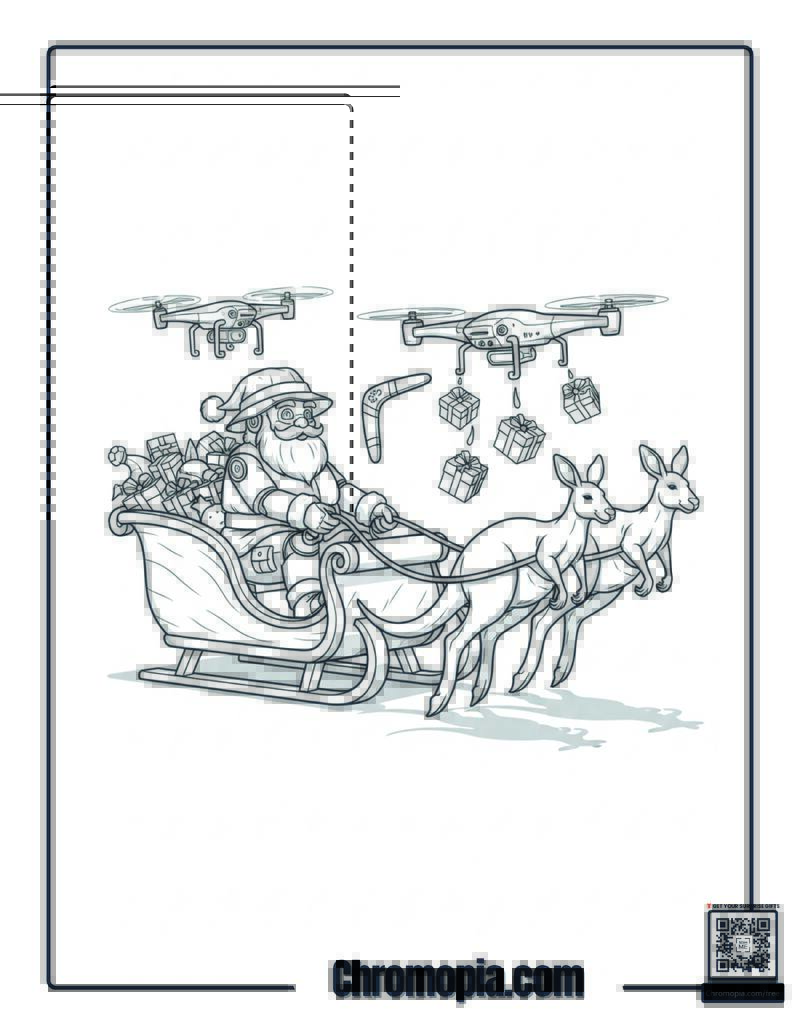 Robotic Santa Riding Sleigh Pulled by Kangaroos Coloring Page
