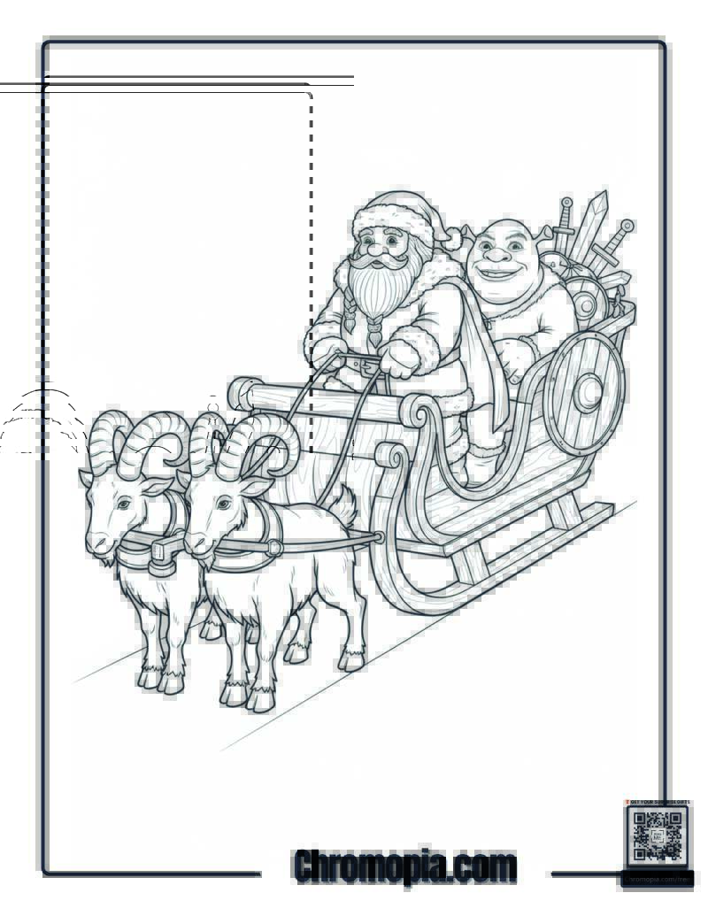 Santa Riding Sleigh Pulled by Goat, Sheep, shrek Coloring Page