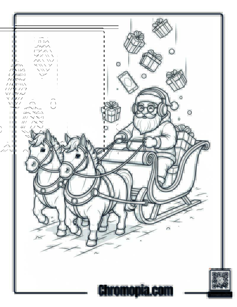 Santa Riding Sleigh Pulled by Horses Coloring Page