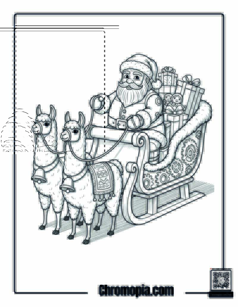 Santa Riding Sleigh Pulled by Llamas Coloring Page