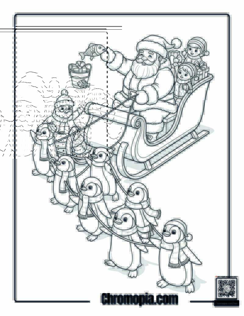 Santa Riding Sleigh Pulled by Penguins Coloring Page