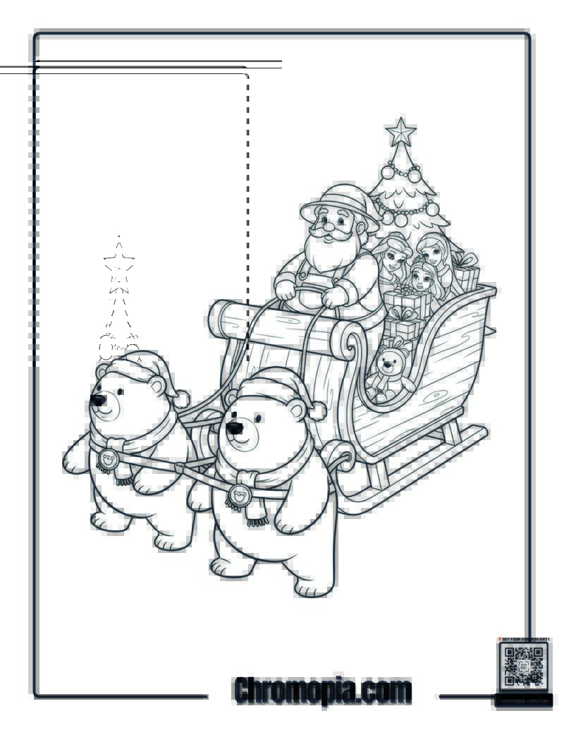 Santa Riding Sleigh Pulled by Polar Bears in Hats Coloring Page