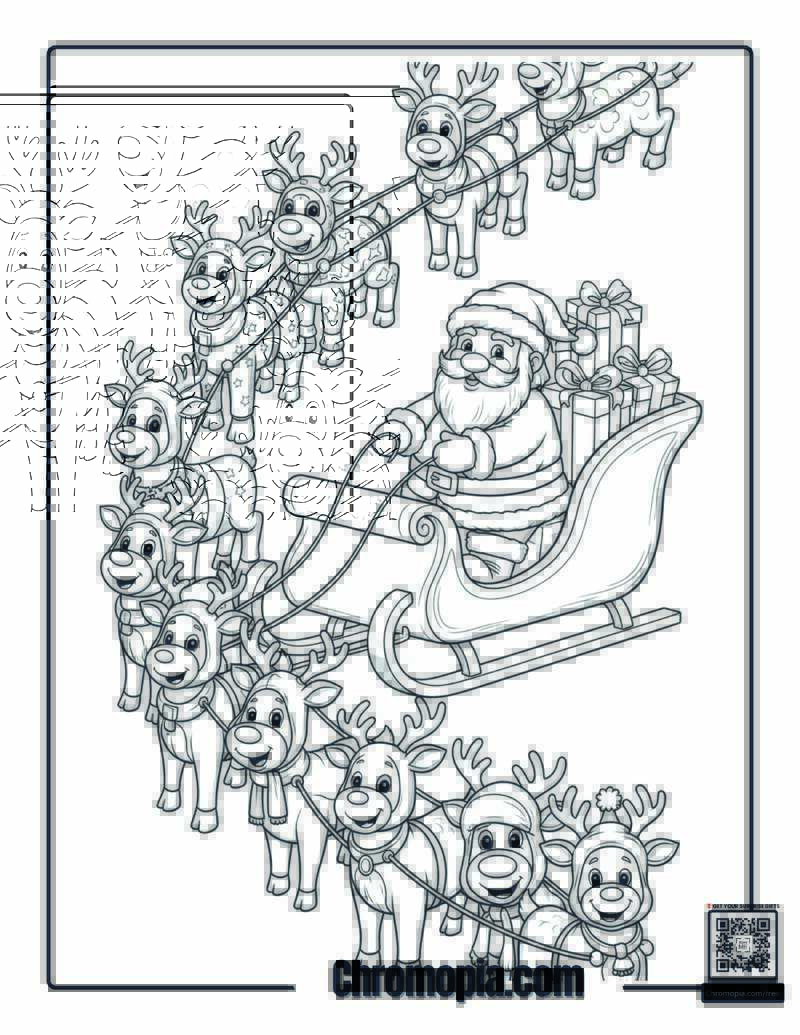 Santa Riding Sleigh Pulled by Reindeers in costumes Coloring Page