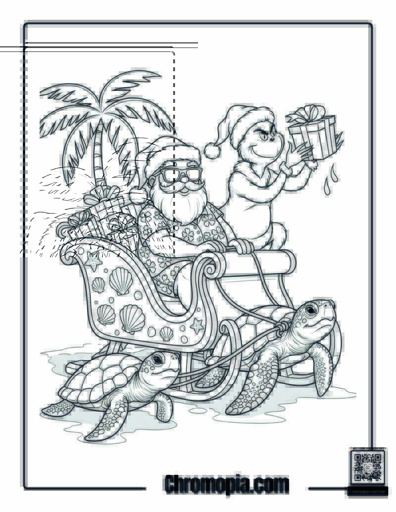 Santa Riding Sleigh Pulled by Turtles while grinch stealing gifts Coloring Page
