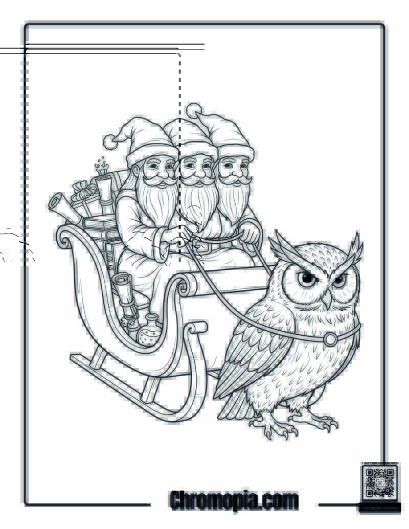 Three headed Santa Riding Sleigh Pulled by Giant Owl Coloring Page