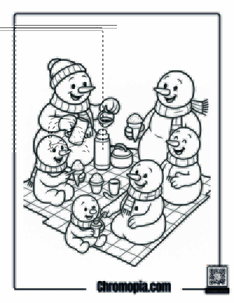 Snowman Family Picnic Coloring Page