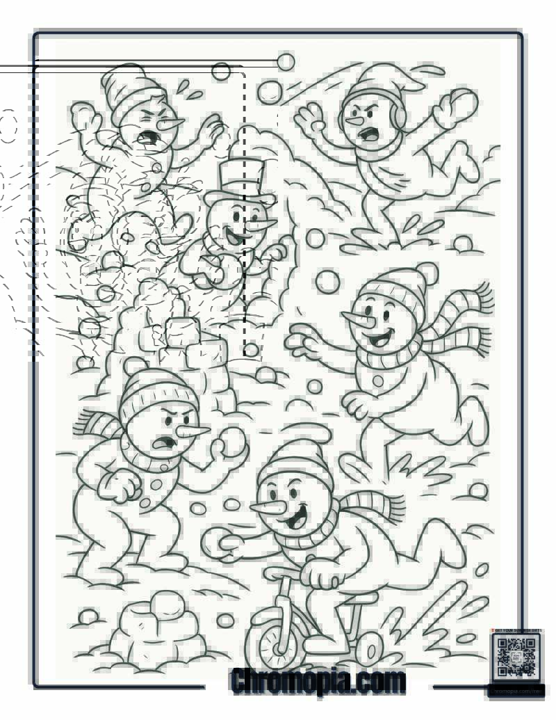 Snowmen Having a Snowball Fight Coloring Page