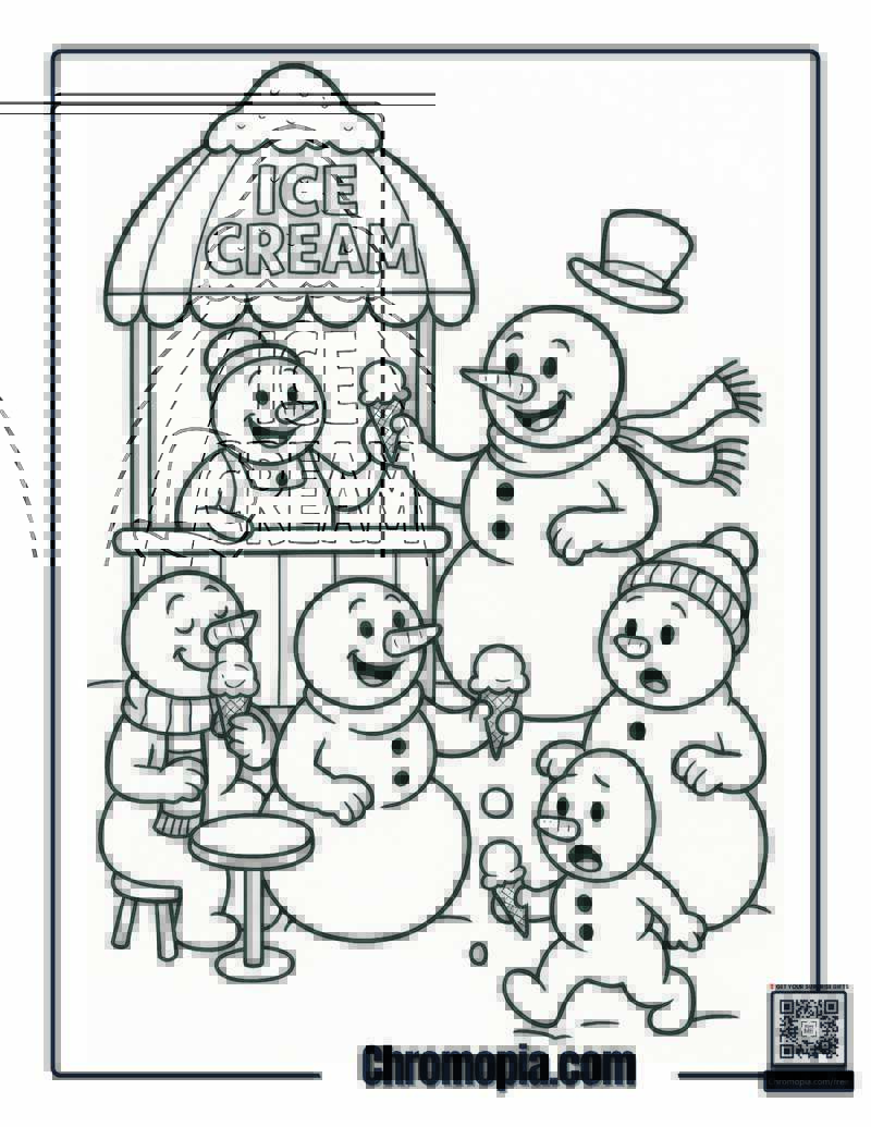 Snowmen at the Ice Cream Shop Coloring Page