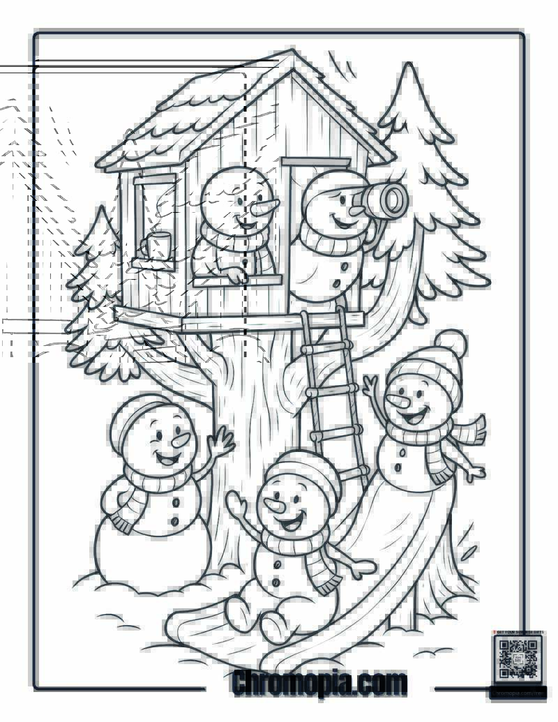 Snowmen in a Treehouse Coloring Page