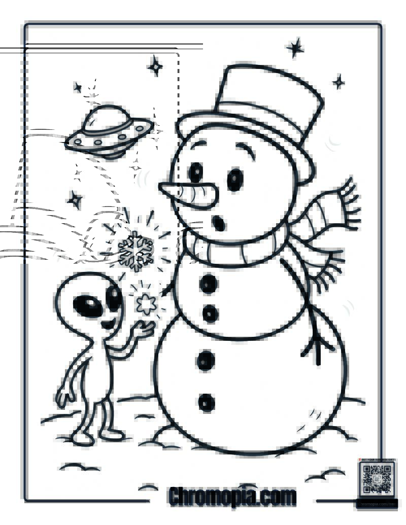 Alien and Snowman Coloring Page