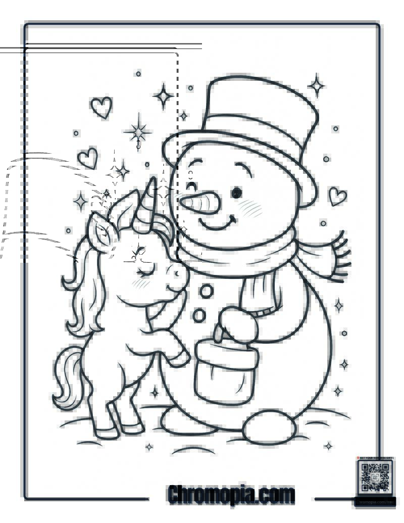 Baby Unicorn and Snowman Coloring Page