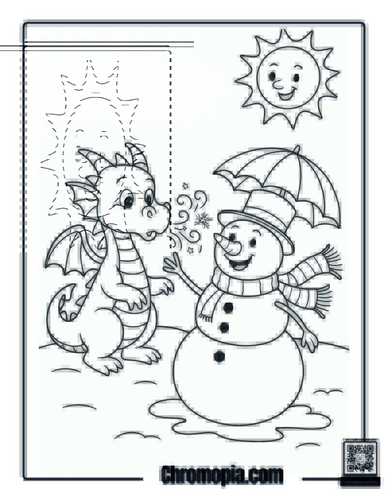 Dragon and Snowman Coloring Page