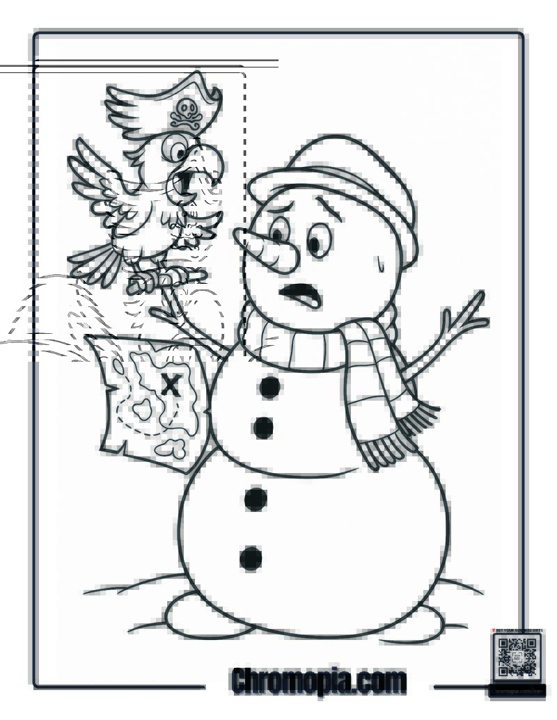 Pirate Parrot and Snowman Coloring Page