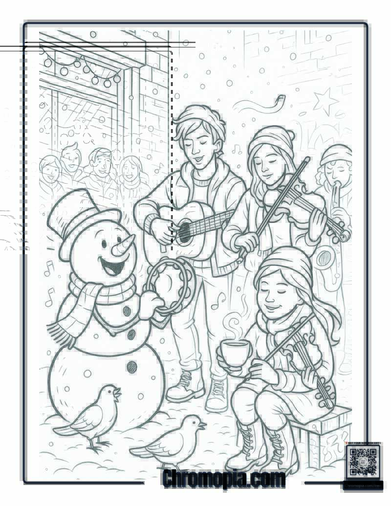 Snowman Performing with a Street Band Coloring Page