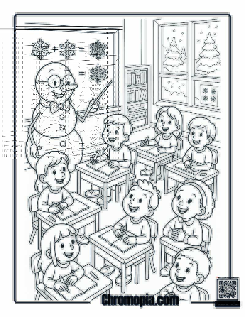 Snowman Teaching a Classroom of Kids Coloring Page