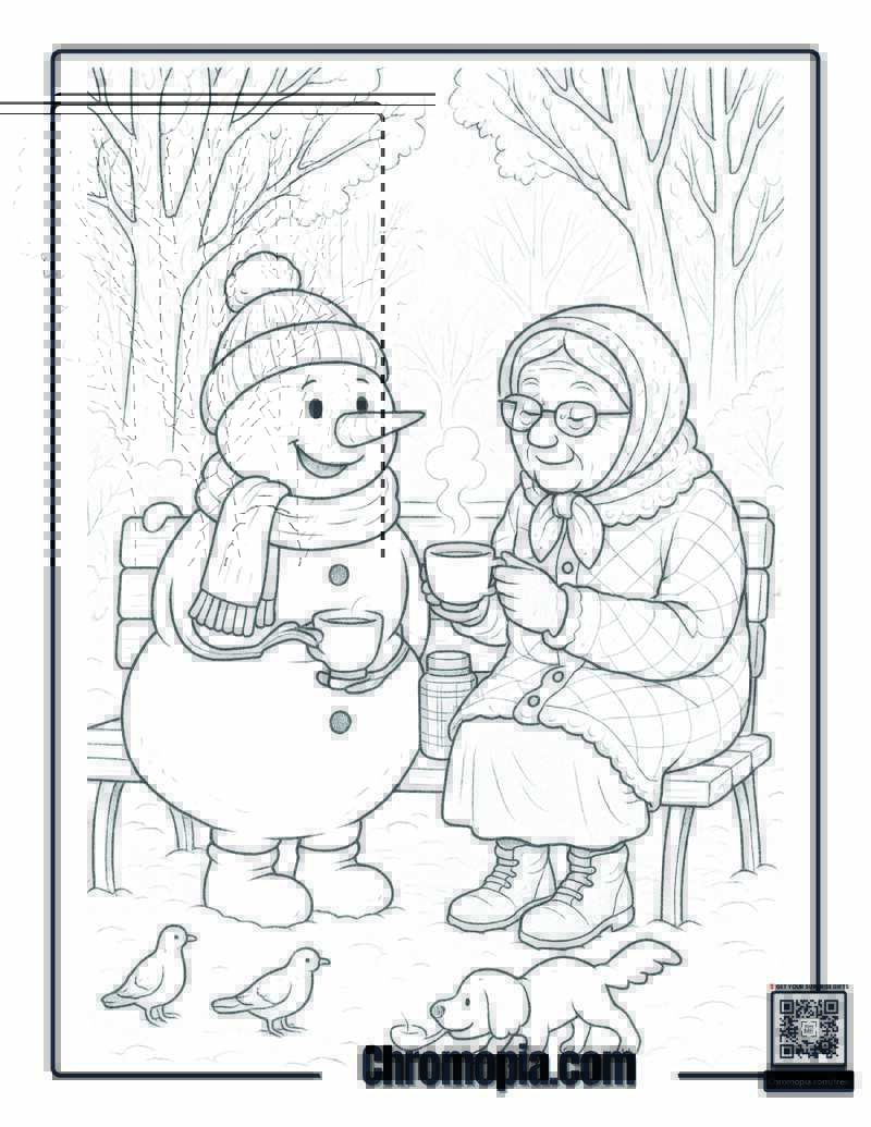 Snowman and Elderly Woman Sharing Tea on a Park Bench Coloring Page