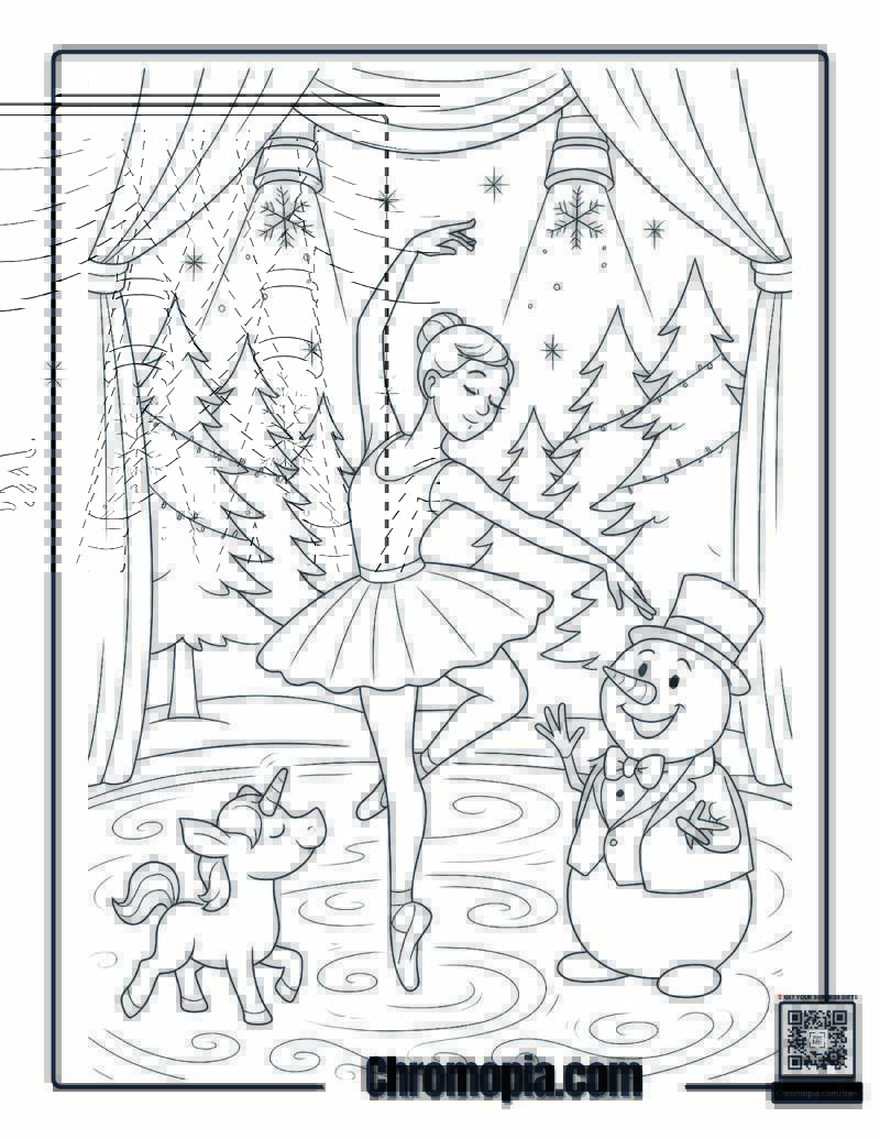 Snowman and the Ballerina in the Forest Stage Coloring Page