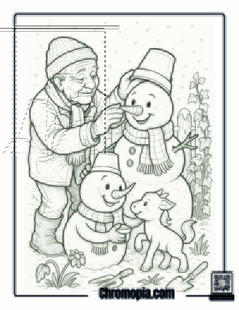 Snowman and the Elderly Gardener Coloring Page