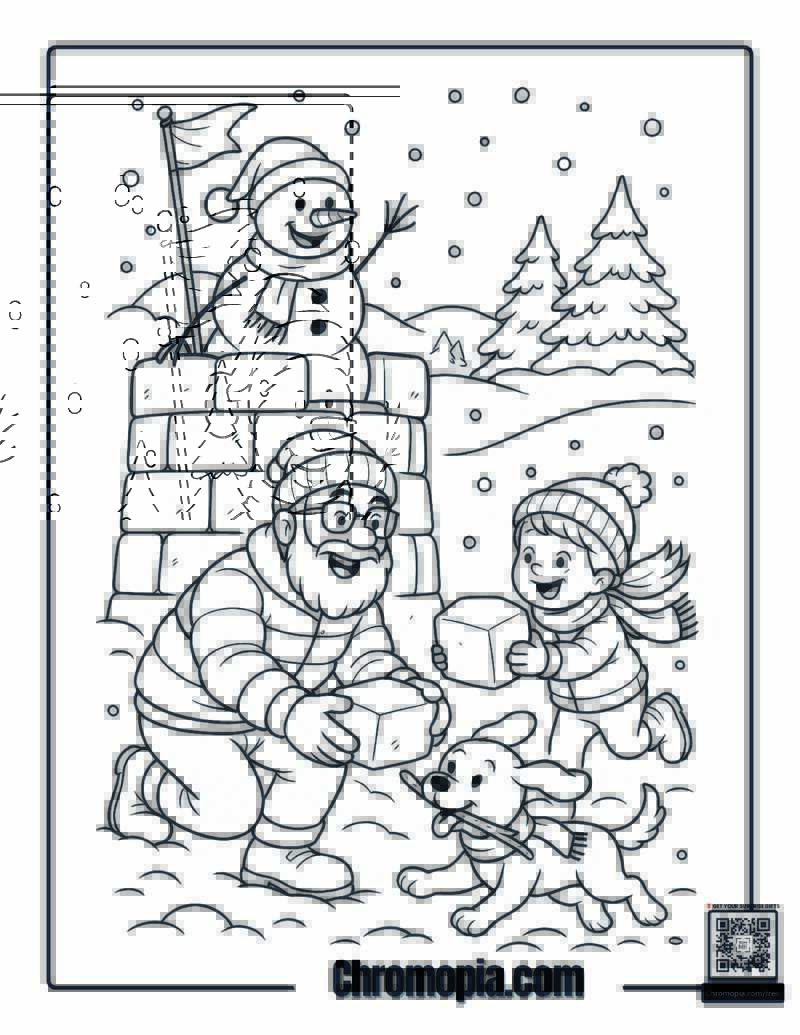 Snowman and the Father-Daughter Duo Building a Snow Fort Coloring Page
