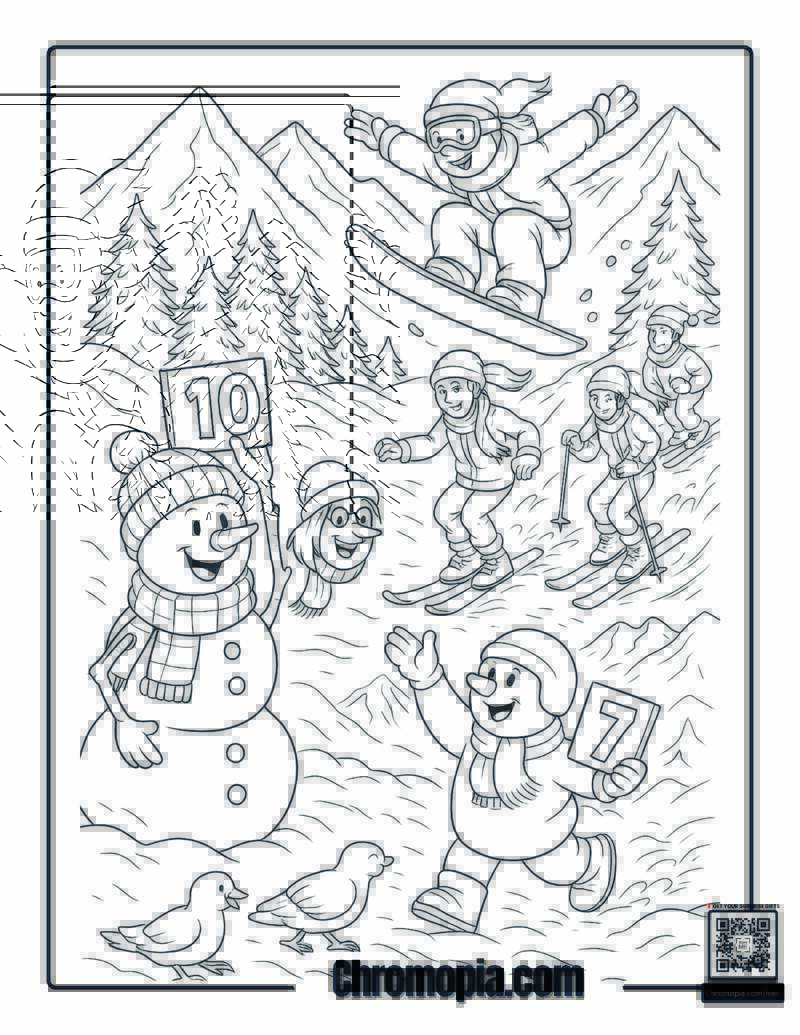Snowman and the Teenage Snowboarders Coloring Page
