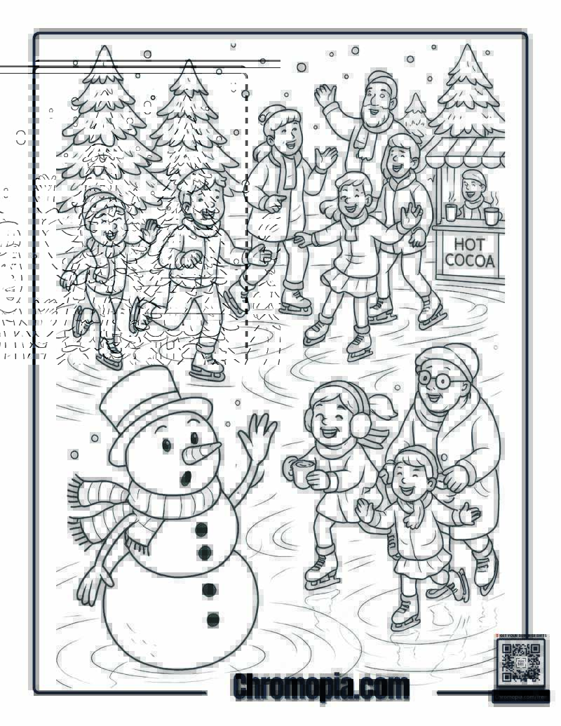 Snowman at the Ice Rink with a Multigenerational Family Coloring Page