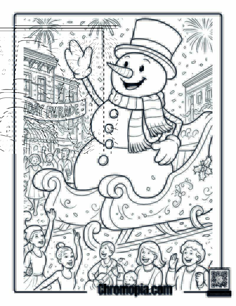 Snowman in a Holiday Parade with a Community Group Coloring Page
