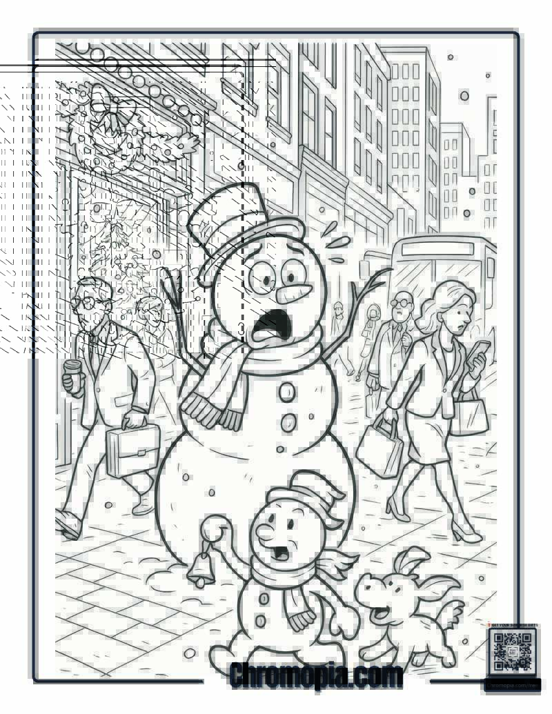 Snowman on a Busy City Street with Commuters Coloring Page