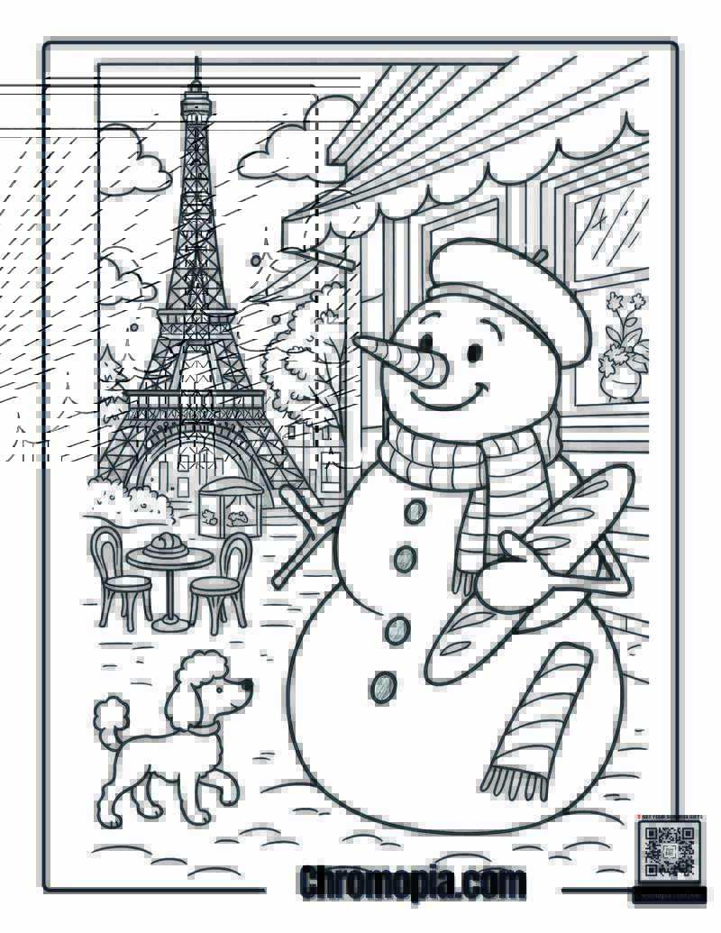 Snowman at the Eiffel Tower in Paris, France Coloring Page