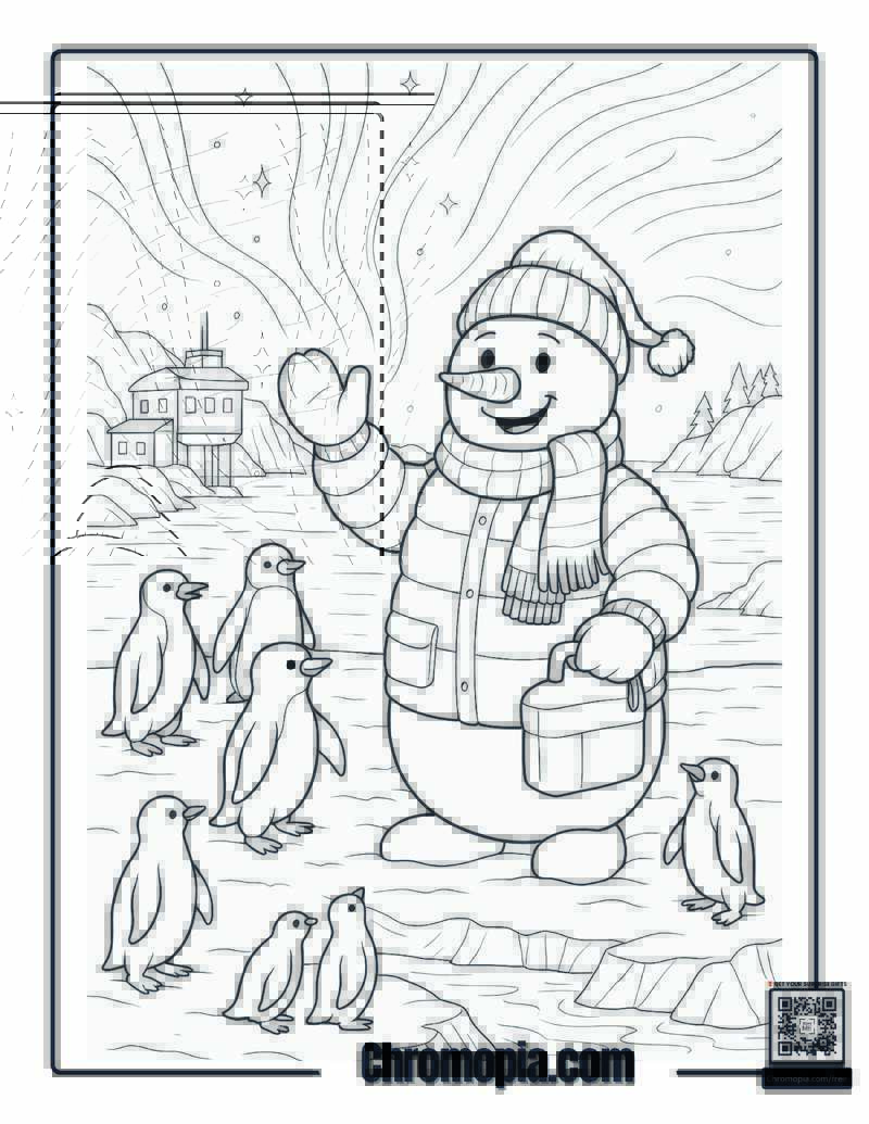 Snowman in Antarctica with Penguins Coloring Page