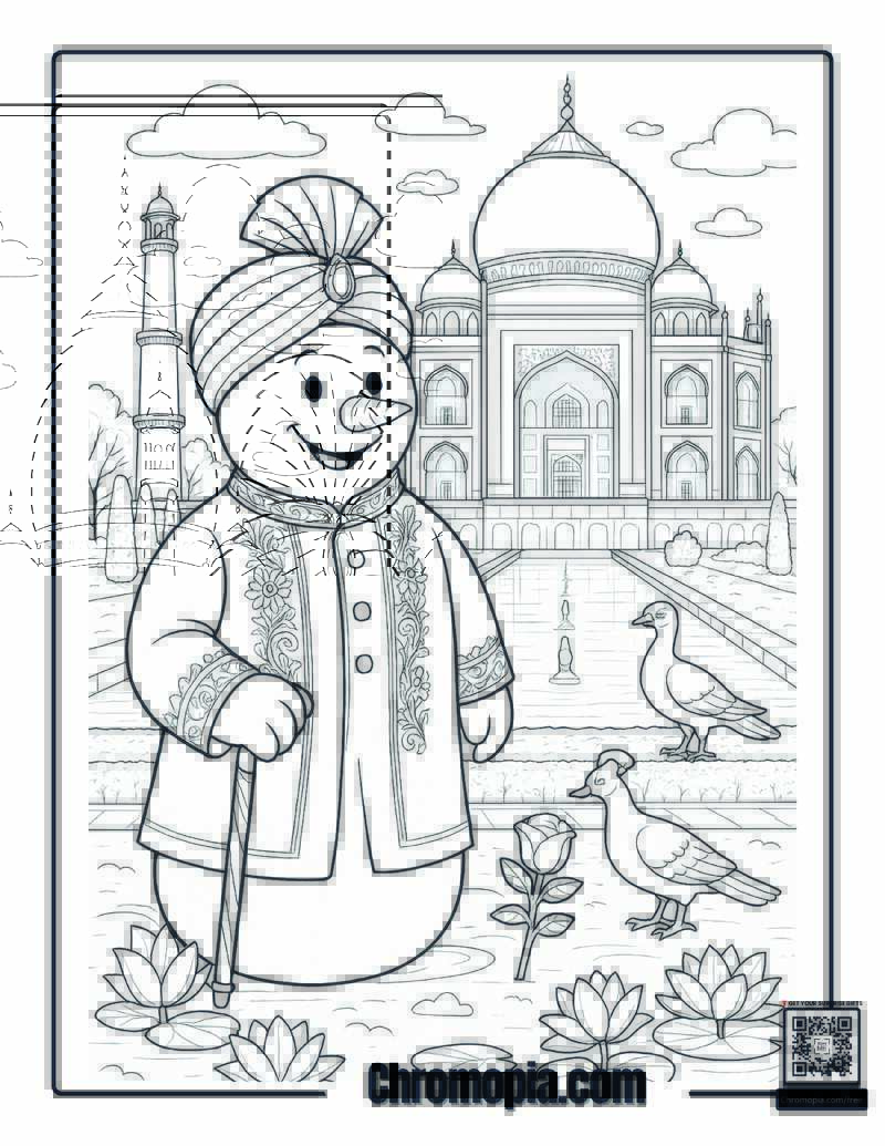 Snowman in India at the Taj Mahal Coloring Page