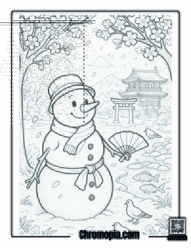 Snowman in Kyoto, Japan Coloring Page