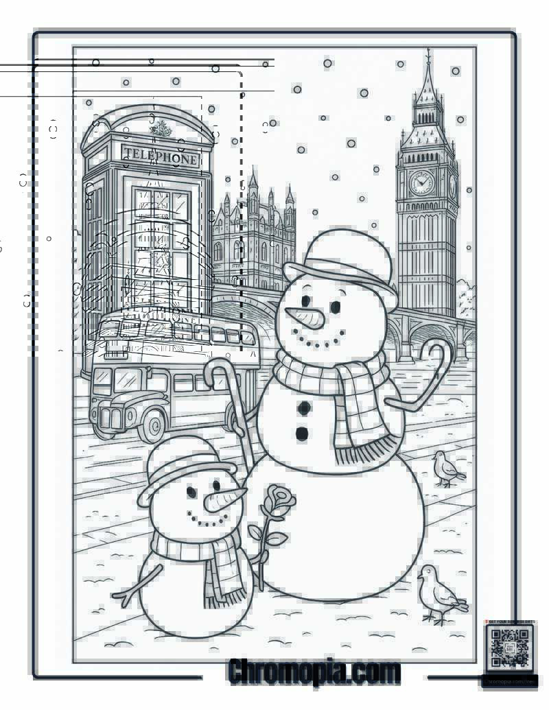 Snowman in London, England Coloring Page