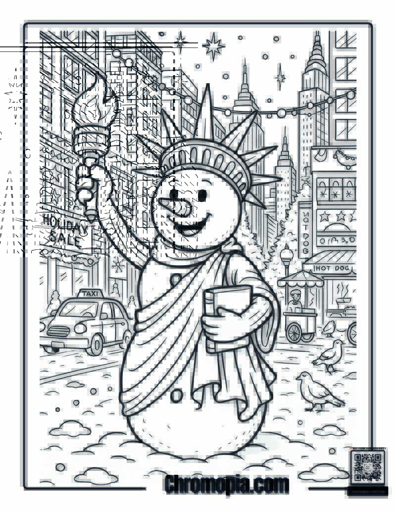 Snowman in New York City, USA Coloring Page