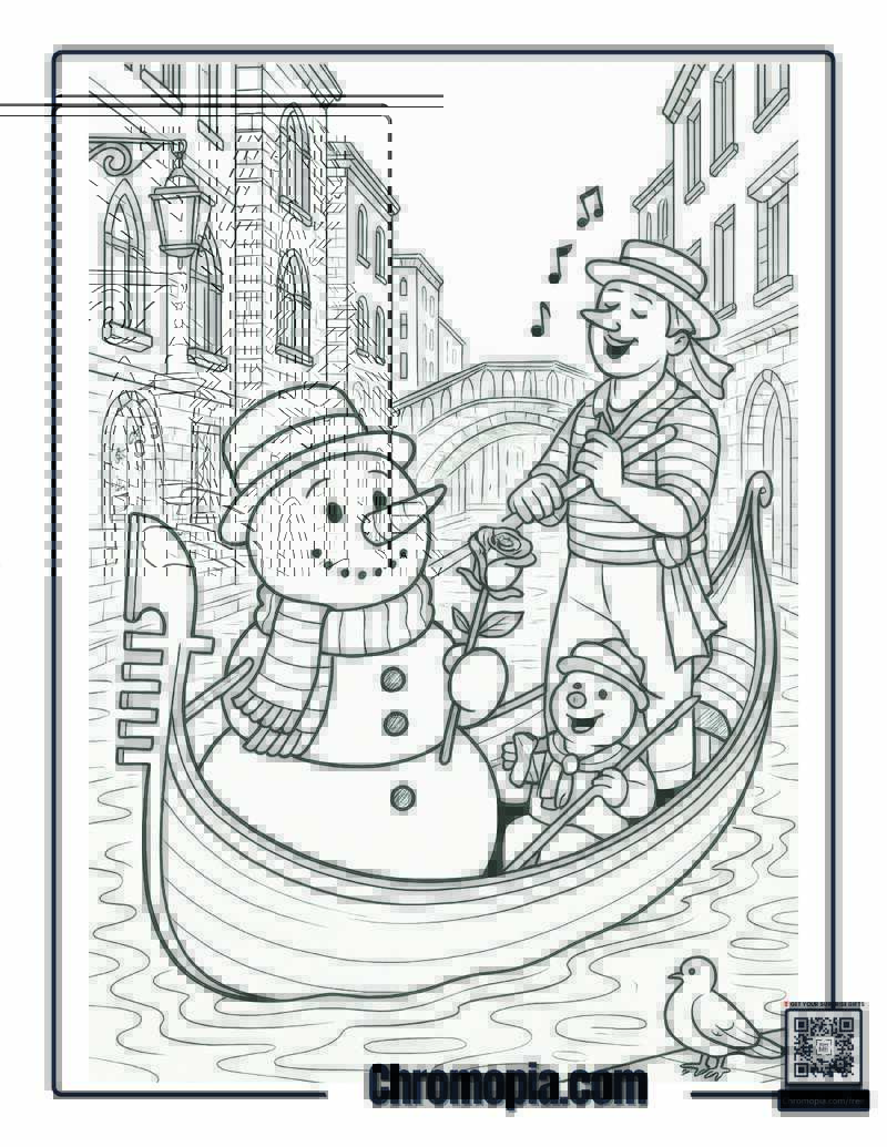 Snowman in Venice, Italy Coloring Page