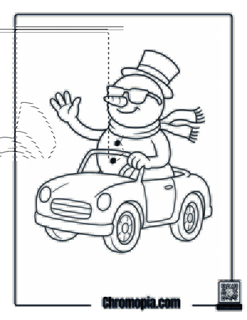 Snowman Driving a Convertible Car Coloring Page