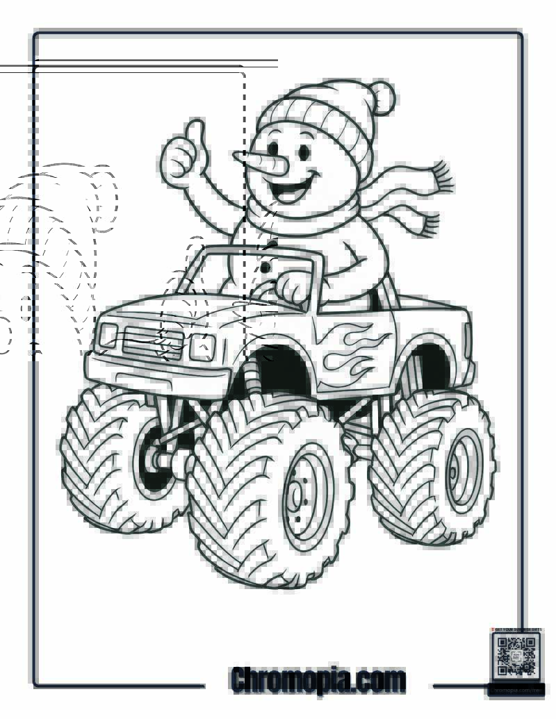 Snowman Driving a Monster Truck Coloring Page