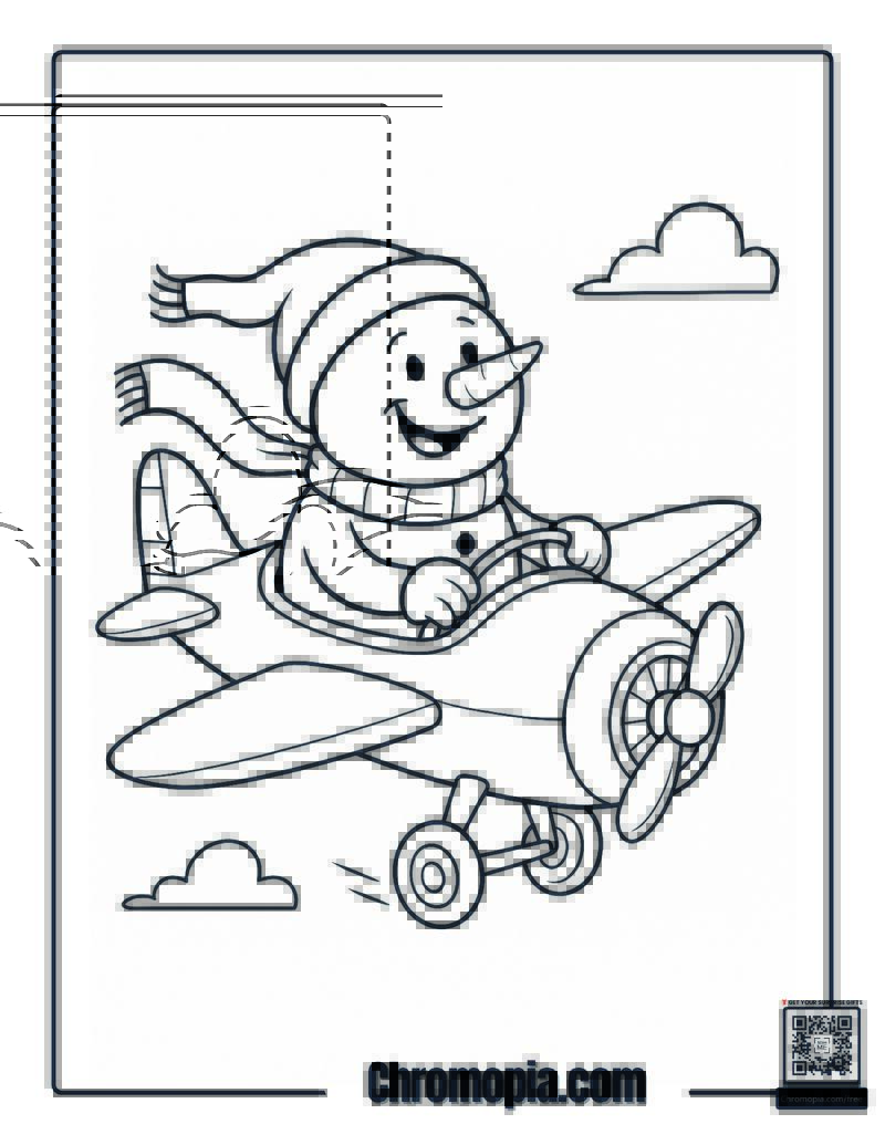 Snowman Flying a Small Airplane Coloring Page