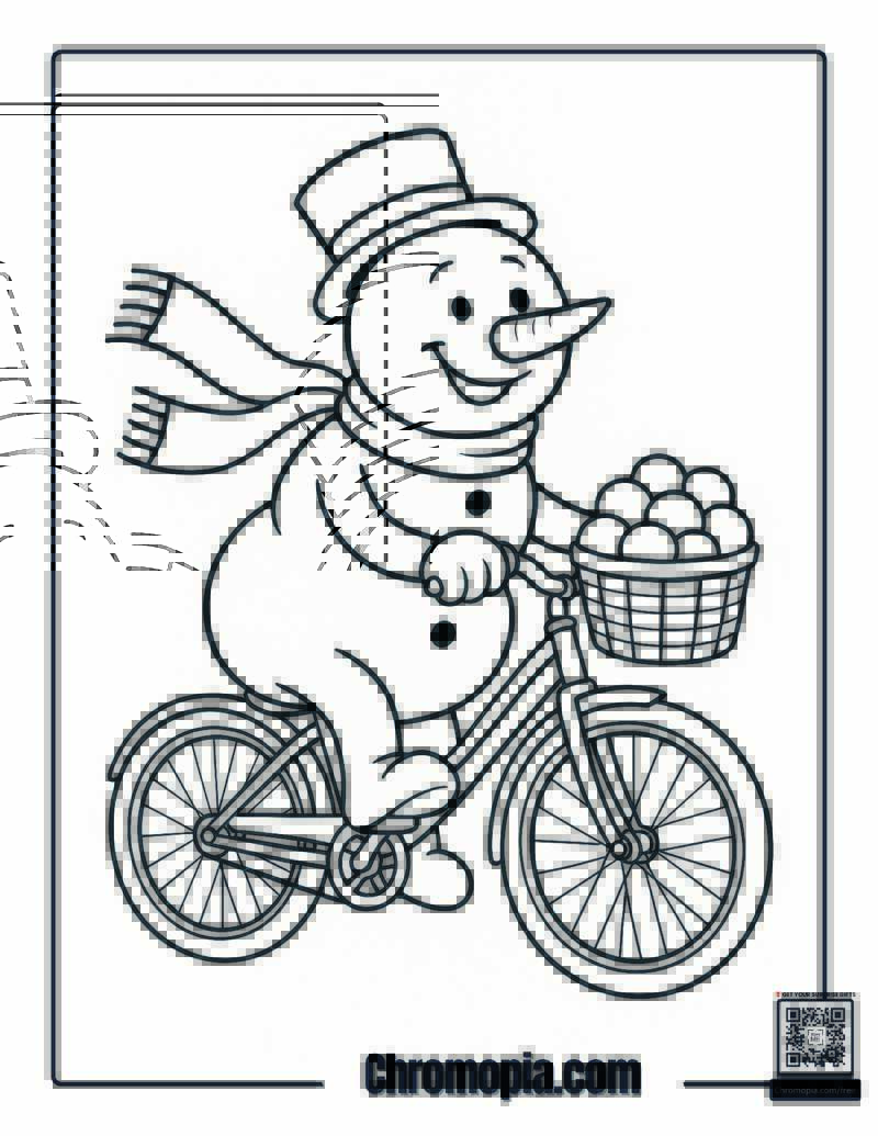 Snowman Riding a Bicycle Coloring Page